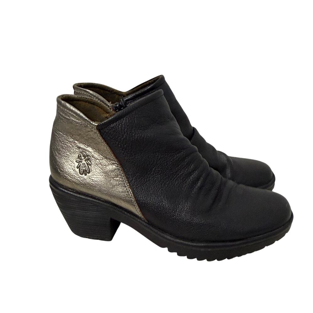 Fly London Wezo Ankle Boots Womens Size 9 Black Metallic Bronze Leather 40